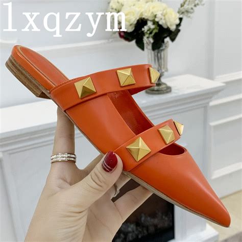 Brand Slippers Women Spring Summer Shoes Genuine Cowhide Leather Metal