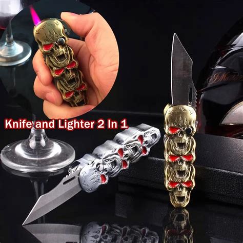 Unique 2 In 1 Skull Shaped Gas Lighter Knife Multifunctional Metal