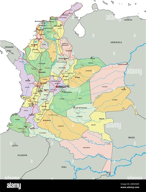Mapa Azul Administrativo Detallado De Colombia Con La Bandera Del Pa S