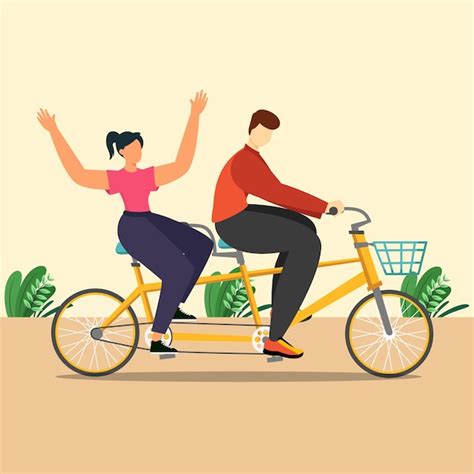 Premium Vector Young Man And Woman Riding A Tandem Bicycle On Park