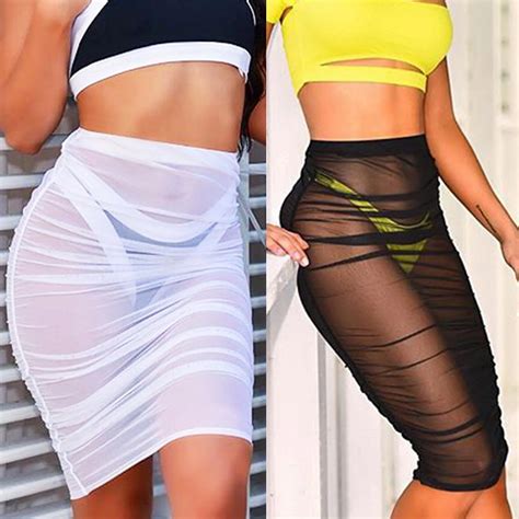 Mesh Wrap Pencil Skirt High Waist Black White Solid Sexy See Through Bodycon Slim Skirts Womens