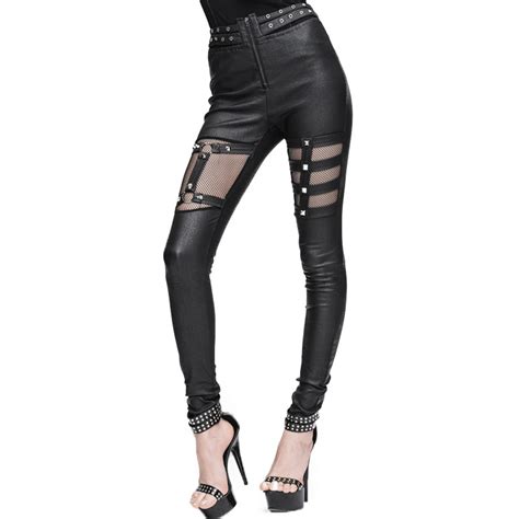 punk gothic splice women leggings elastic waist sexy leather leggings splice hollow out skinny