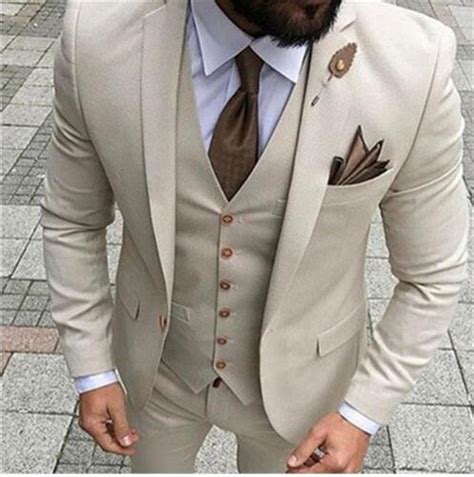 Latest Coat Pant Designs Beige Men Suit Prom Tuxedo Slim Fit Piece