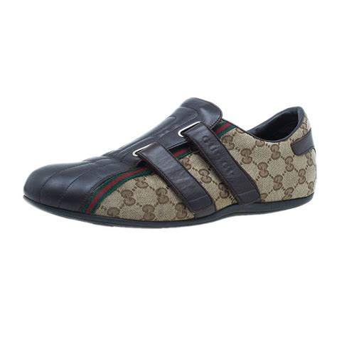 Gucci Brown Guccissima Canvas And Leather Velcro Sneakers Size 445