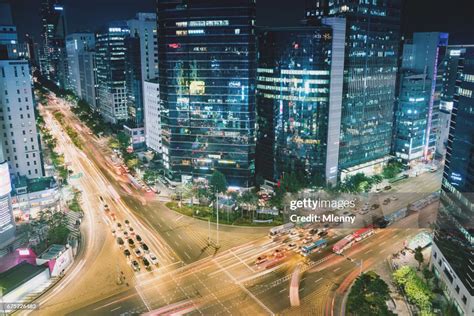 Aerial View Seoul Gangnam Crossing At Night South Korea High Res Stock