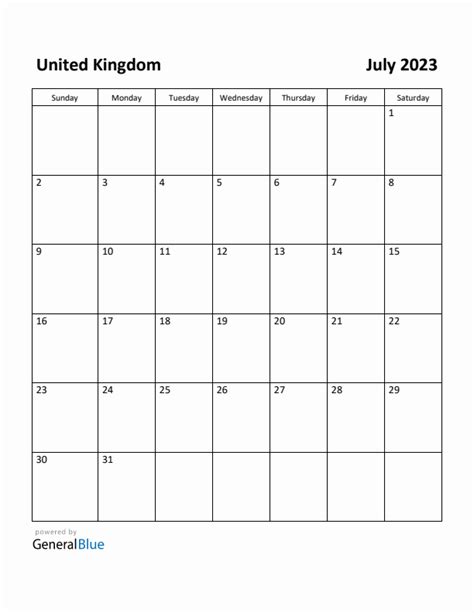 Free Printable July 2023 Calendar For United Kingdom