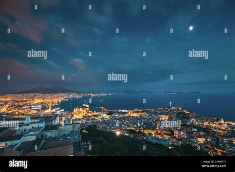 Naples Italy Top View Skyline Cityscape In Evening Lighting