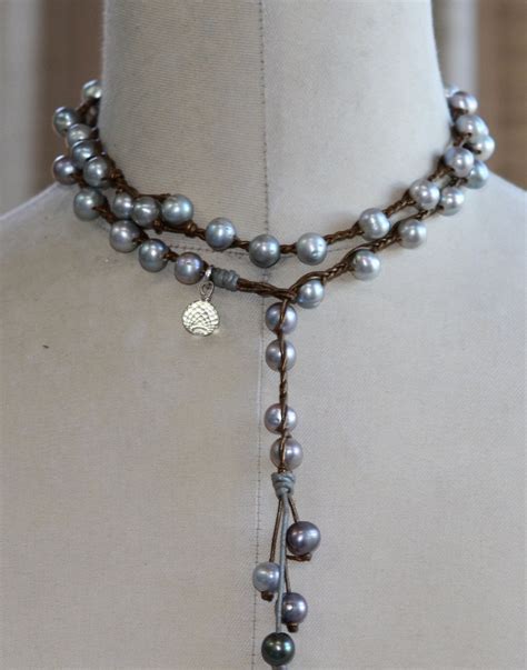 Pearl And Leather Lariat Necklace Leather Pearl Necklace Pearl Leather