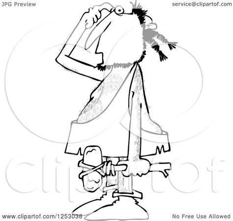 Clipart Of A Black And White Thinking Caveman Carrying A Hammer 91476