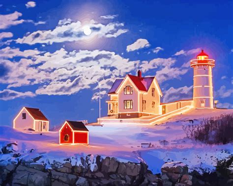 Nubble Lighthouse Christmas Lights Paint By Number Numpaints