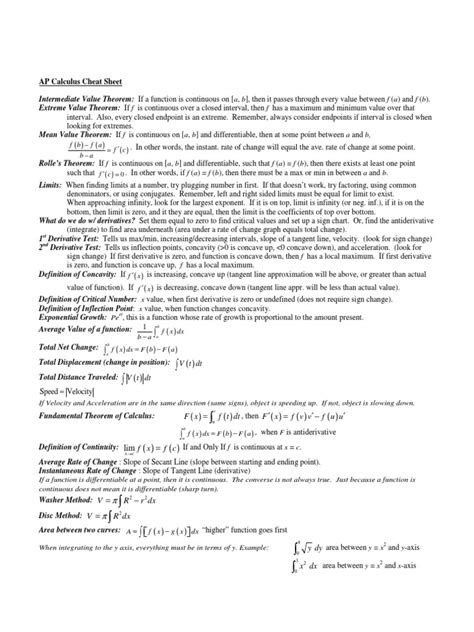 If not, object is slowing down. AP Calculus Cheat Sheet | Derivative | Velocity | Free 30 ...