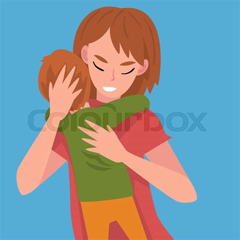 Mom Hugs Son And Rests His Head On Her Hand Cartoon Vector Illustration