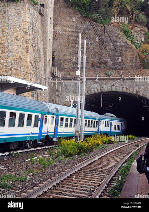 Commuter Train Railroad In Station Built Through Mountain Cinque Terre