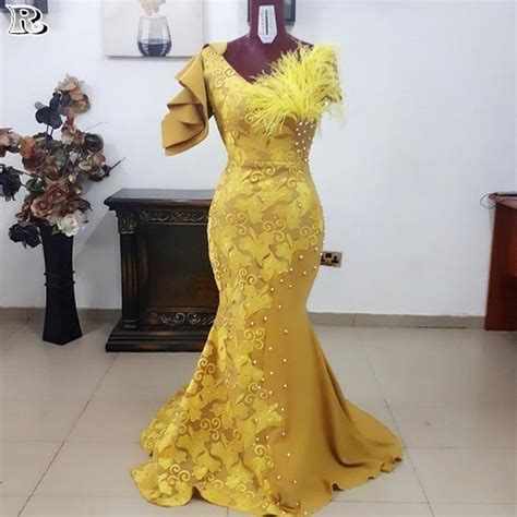 Off The Shoulder Mermaid Yellow Asoebi 2018 African Prom Dresses