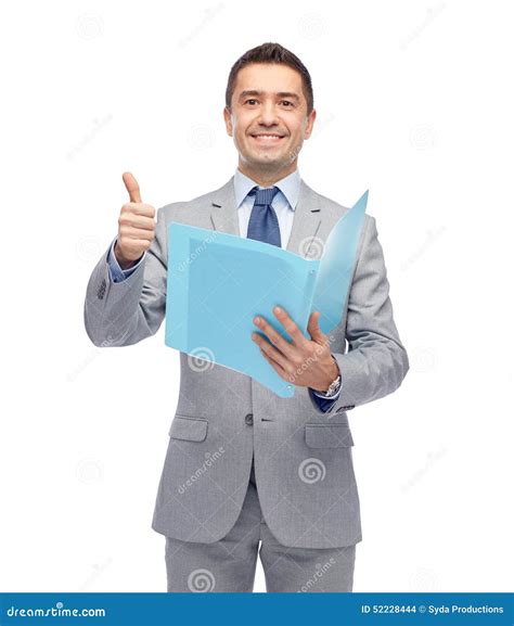 Happy Businessman With Folder Showing Thumbs Up Stock Photo Image Of