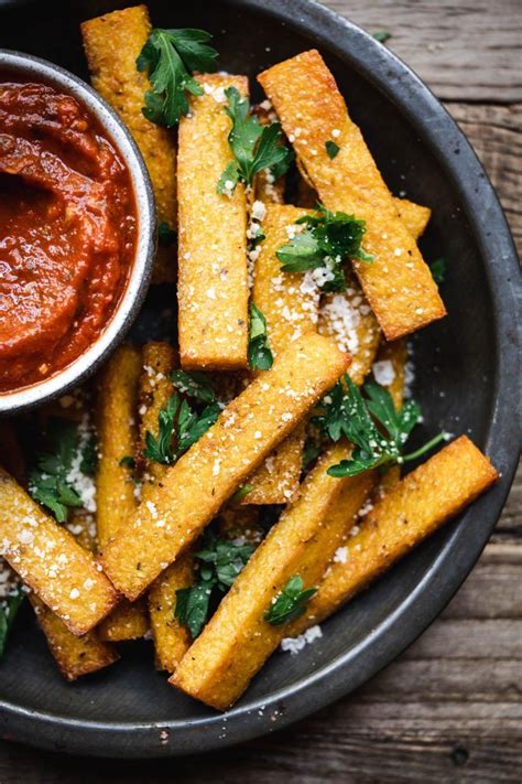 Lay a sheet of plastic wrap directly over the top of the polenta. Vegan Polenta Fries with Marinara Dipping Sauce | Recipe ...