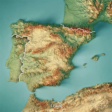 Spain Country 3d Render Topographic Map Border Digital Art By Frank