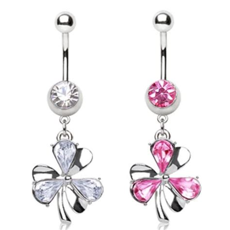 316L Surgical Steel Navel Ring With Clover Leaf Shaped Dangle Navel