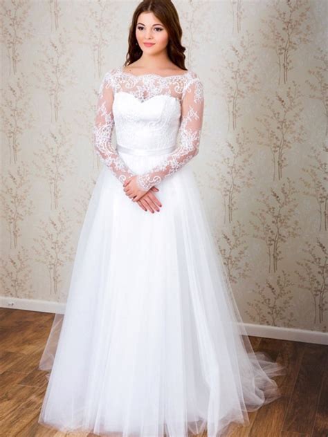 Classic Elegant A Line Long Sleeves White Lace Wedding Dress