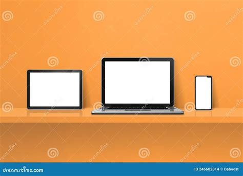 Laptop Mobile Phone And Digital Tablet Pc On Orange Wall Shelf