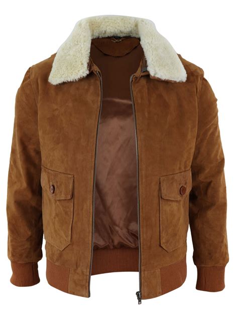 Mens Real Suede Varsity Bomber Jacket With Removable Collar Tan Buy
