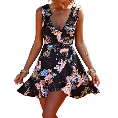 2018 Sexy Bohemian V Neck Ruffles Sleeveless Printing Chiffon Mini Dress Fashion Ladies Summer