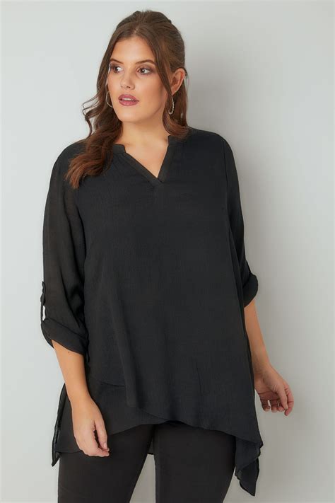 Black Layered Blouse With Notch Neck Plus Size 16 To 36