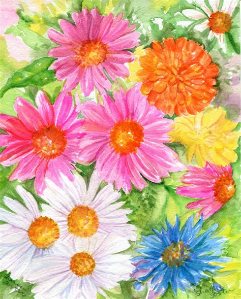 Daisies Coneflowers Zinnias Original Watercolor Painting Etsy