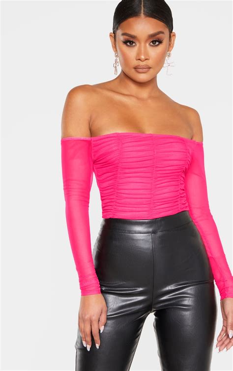 Hot Pink Mesh Ruched Panel Bardot Bodysuit Prettylittlething Usa