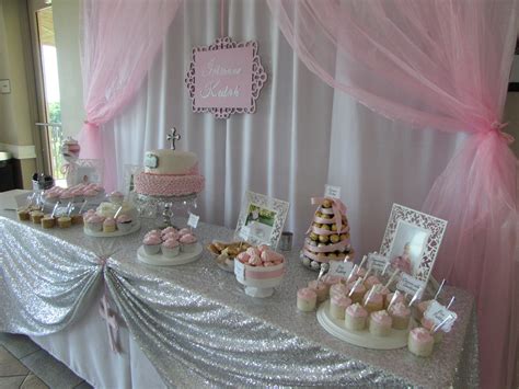 Baby Girl Pink Baptism dessert table cake table | Baptism dessert table