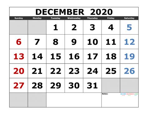 December 2020 Printable Calendar Template Excel Pdf Image Us Edition