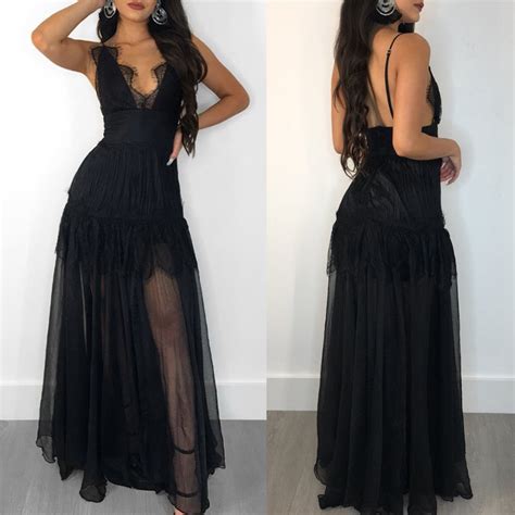 2018 New Brand Women Black Lace Long Maxi Dress Formal Dress Backless