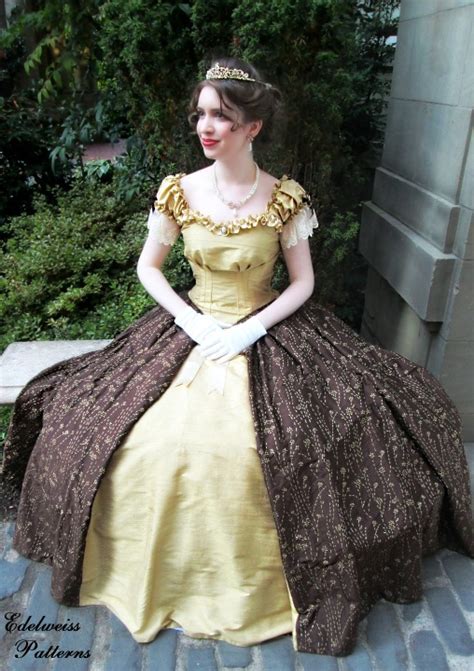 Cotton lace, mop buttons and feather stitch embroidery on the bands. The Gold Silk 1860s Ballgown | Edelweiss Patterns Blog