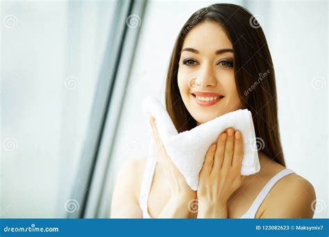 Face Washing Happy Woman Drying Skin With Towel Stock Image Image Of