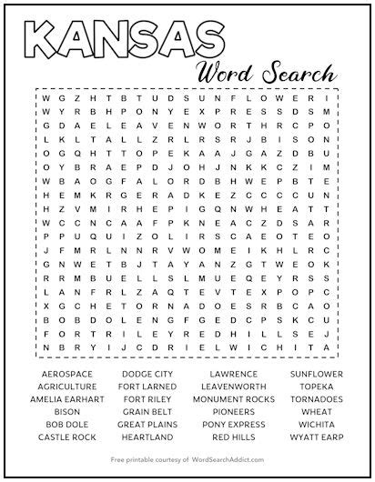 Kansas Printable Word Search Puzzle Word Search Addict
