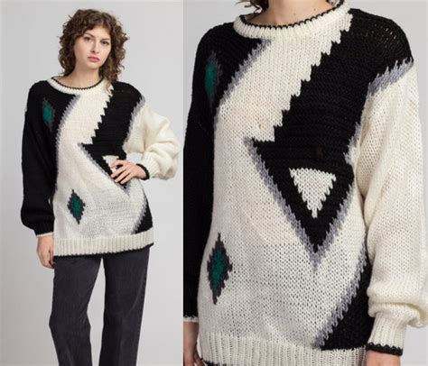 80s Slouchy Geometric Knit Sweater Large Vintage White Etsy
