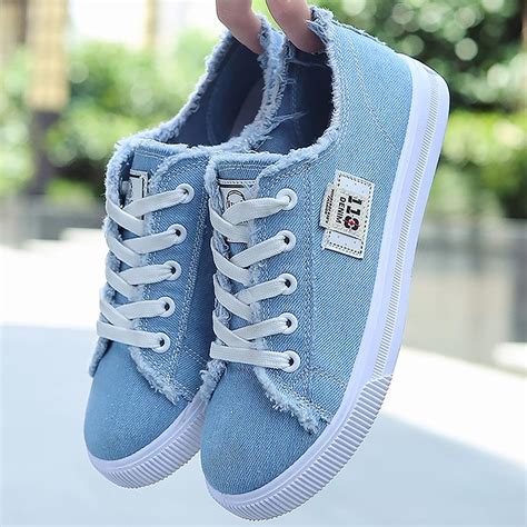 Super Cute Lace Up Denim Sneakers With Frayed Rim Casual Sneakers Women Canvas Shoes Women