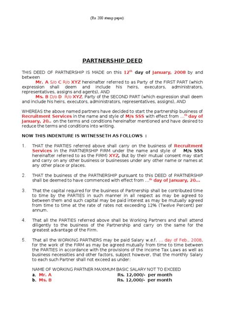 Sample Partnership Deed Pdf Partnership Business Law