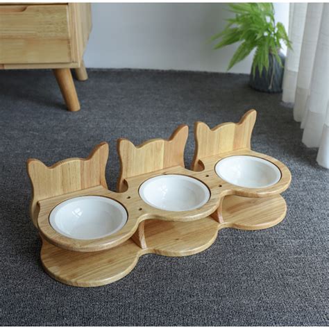 Solid Handcrafted Bamboo Wood Cat Feeder Stand With Bowls 32957809028