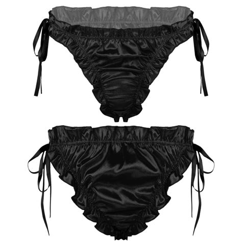 Men Low Rise Ruffles Satin Briefs Breathable Lace Up Pleated Trim Sexy
