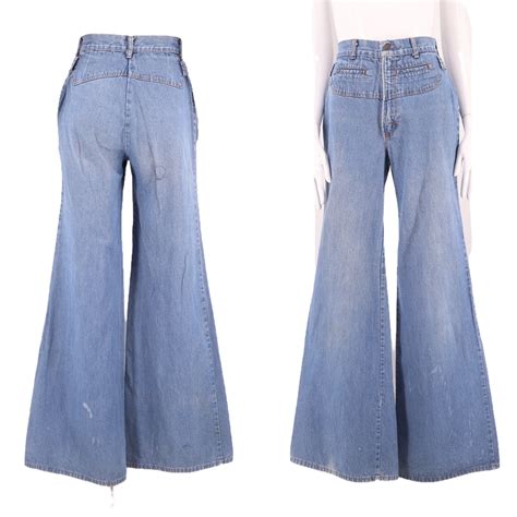 70s His High Waisted Wide Leg Denim Bell Bottoms Jeans 25 Vintage 1970s Elephant Bell Flares