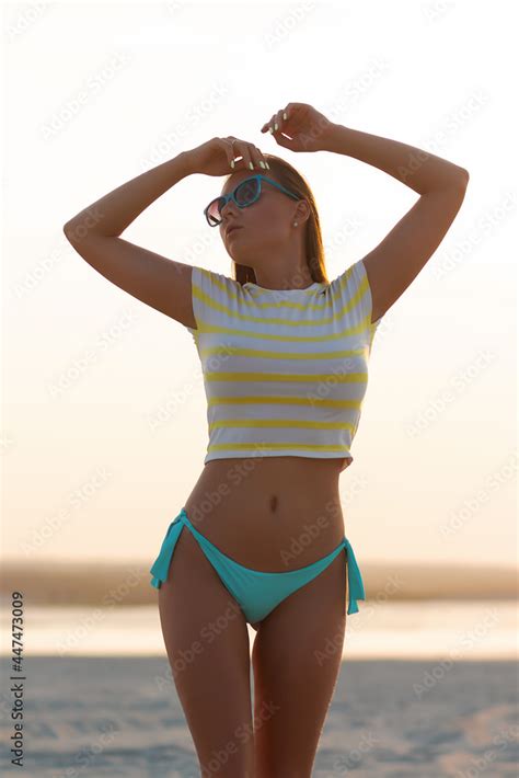 Sexy Model In Crop Top And Bikini Panties On Beach Stock Photo Adobe