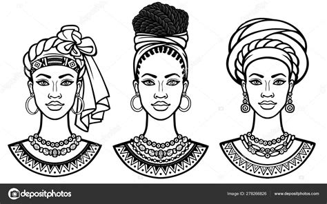 アフリカの美しさ 異なるターバンで美しい黒人女性のアニメーションの肖像画 つのオプションがあります モノクロ図面 白い背景に分離されたベクトル