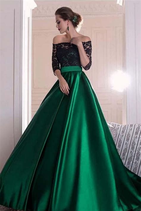 A Line Dark Green Satin Off The Shoulder 34 Sleeves Ruffles Lace Prom