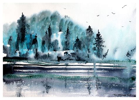 Morning On The Lake Watercolor Painting Fog Artfinder
