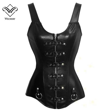 Wechery Black Leather Corset Steampunk Gothic Corsets And Bustiers