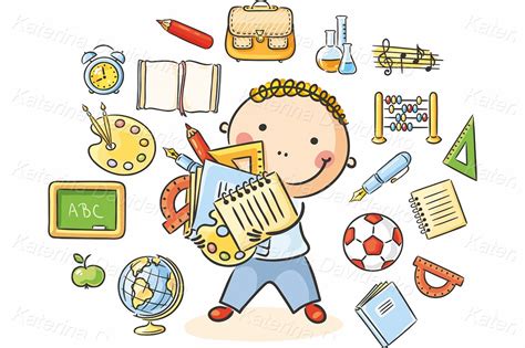 Kid With School Things Vector Clipart