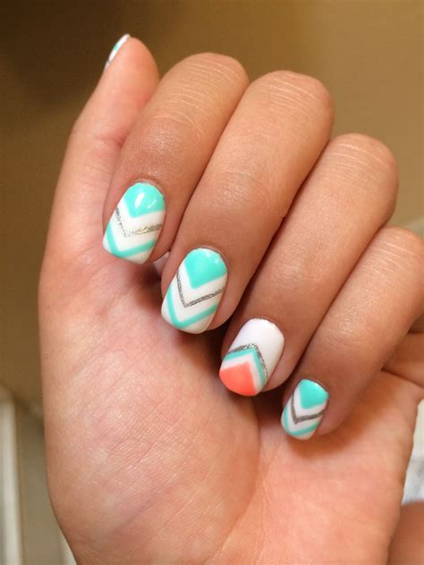 Bright Turquoise And Coral Chevron Nails Coral Chevron Nails Chevron