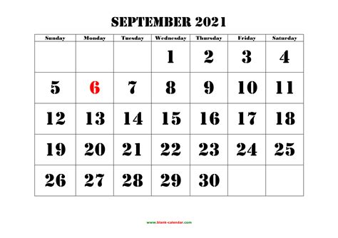 Free Download Printable September 2021 Calendar Large Font Design