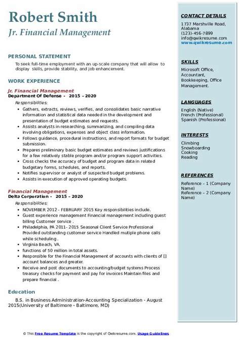 • oversee overall financial management, planning, systems and controls • management of budget in coordination with the chief executive. Financial Management Resume Samples | QwikResume
